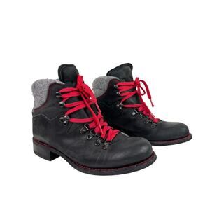 SENDRA Black Leather Red Lace Up Round Toe Shearling Lined Winter Boots SPAIN 8